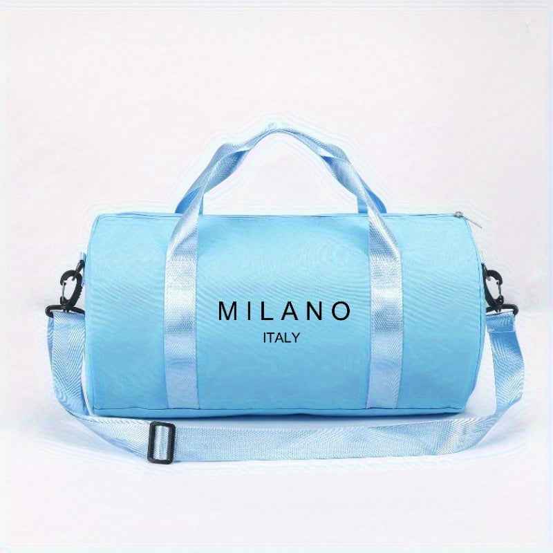 1pc MILANO Print Shoulder Crossbody Duffel Bag - High-Capacity Lightweight Foldable Nylon Gym Bag with Adjustable Strap, 4 Colors (Black/White/Blue/Gray) for Ballet Dancers, Travel, Daily Commute & Athleisure, Dance Accessory Carrier, Durable Zipper Closu