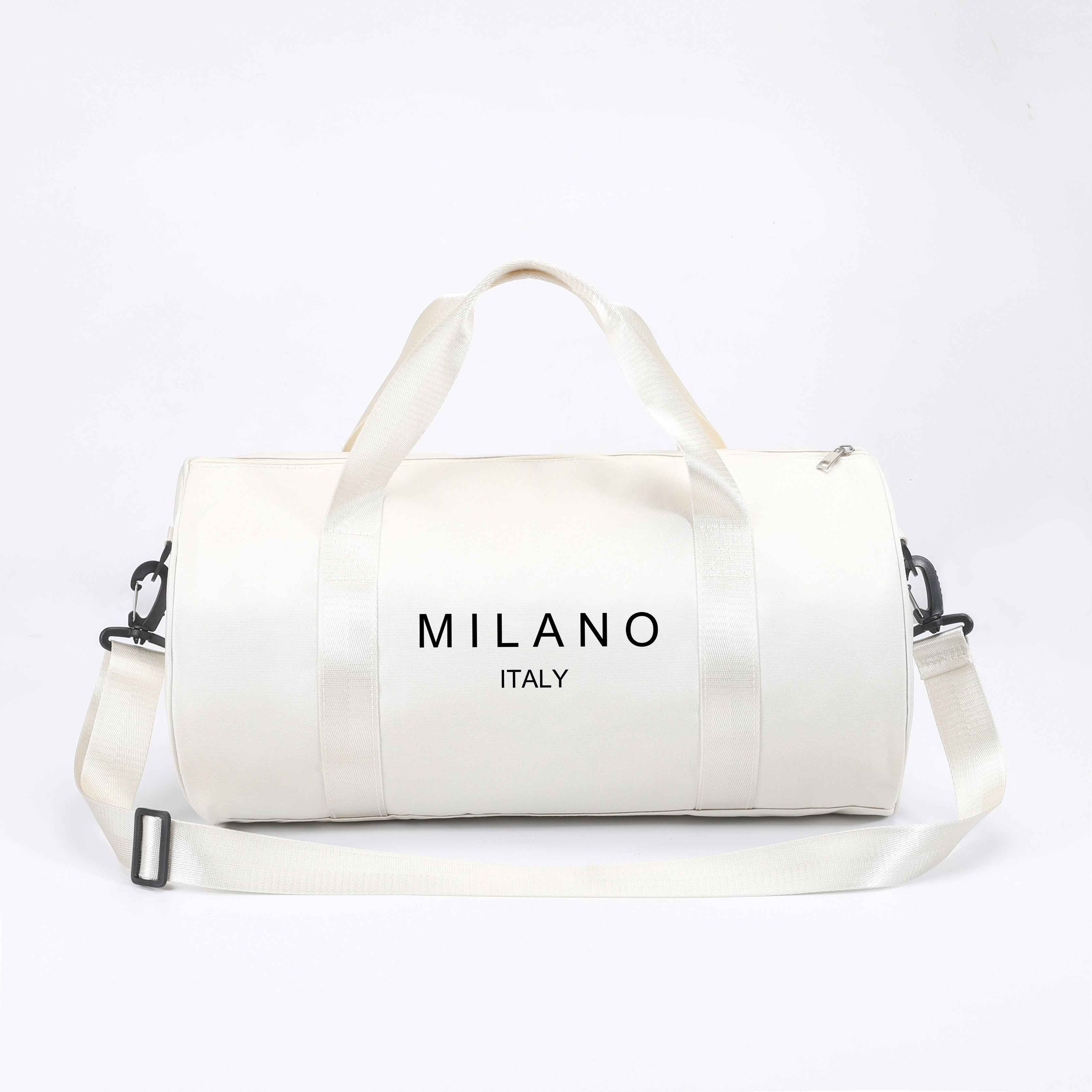 1pc MILANO Print Shoulder Crossbody Duffel Bag - High-Capacity Lightweight Foldable Nylon Gym Bag with Adjustable Strap, 4 Colors (Black/White/Blue/Gray) for Ballet Dancers, Travel, Daily Commute & Athleisure, Dance Accessory Carrier, Durable Zipper Closu