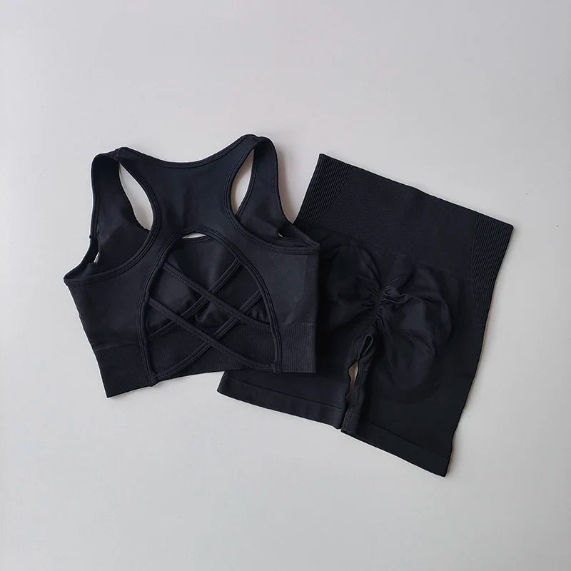 2 PCS Women's Seamless Yoga Set Sexy Sport Bra High Waist Sports Shorts Gym Fitness Sleeveless Workout Suit Sporstwear - IRON GODDESS