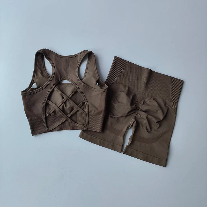 2 PCS Women's Seamless Yoga Set Sexy Sport Bra High Waist Sports Shorts Gym Fitness Sleeveless Workout Suit Sporstwear - IRON GODDESS