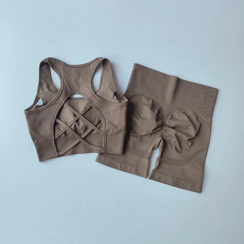 2 PCS Women's Seamless Yoga Set Sexy Sport Bra High Waist Sports Shorts Gym Fitness Sleeveless Workout Suit Sporstwear - IRON GODDESS