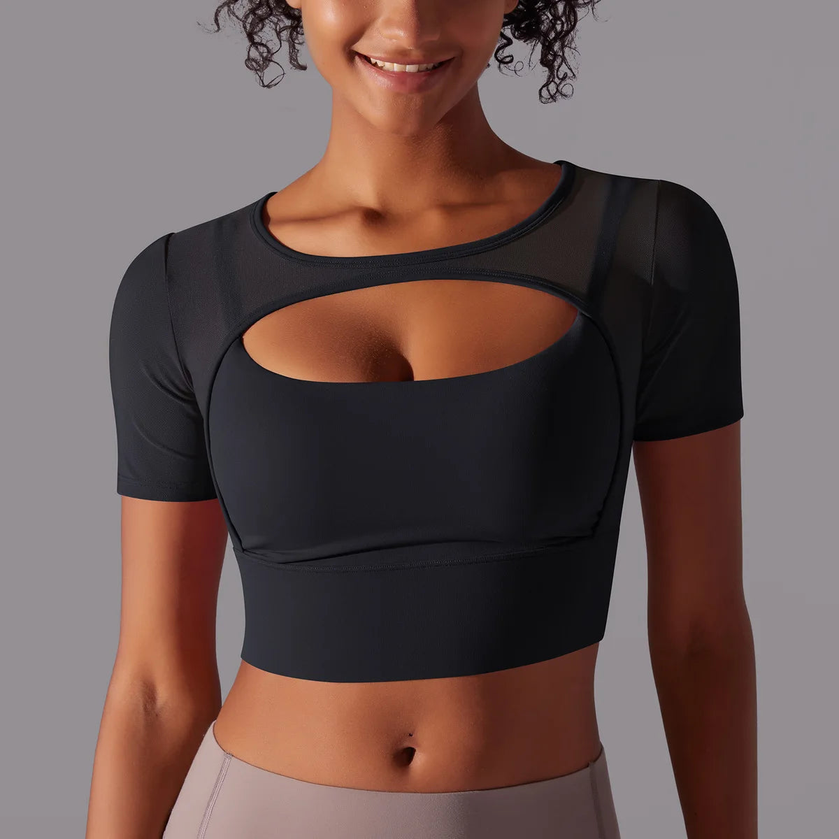 Yoga exercise set with women's mesh patchwork one piece asymmetric hollow sexy tight fitting sports and fitness yoga gym bra - IRON GODDESS