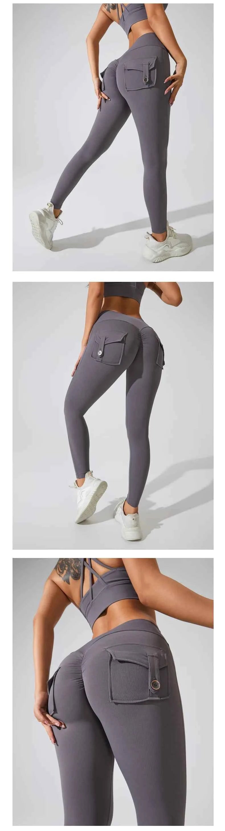 Peach Hip Pocket Leggings High Waist Push Up Gym Trousers