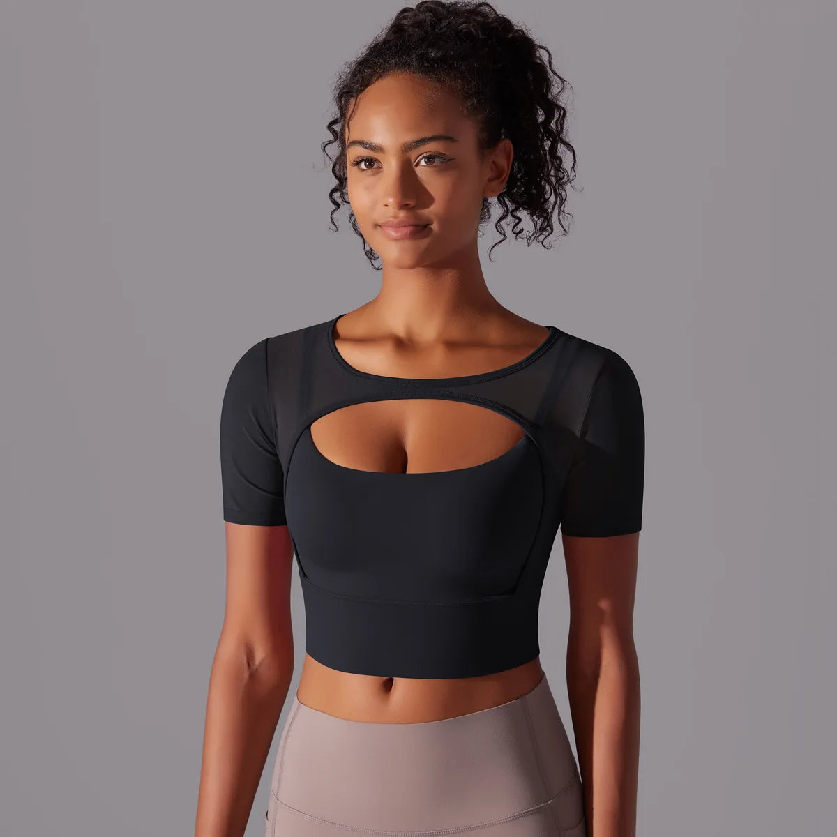 Yoga exercise set with women's mesh patchwork one piece asymmetric hollow sexy tight fitting sports and fitness yoga gym bra - IRON GODDESS