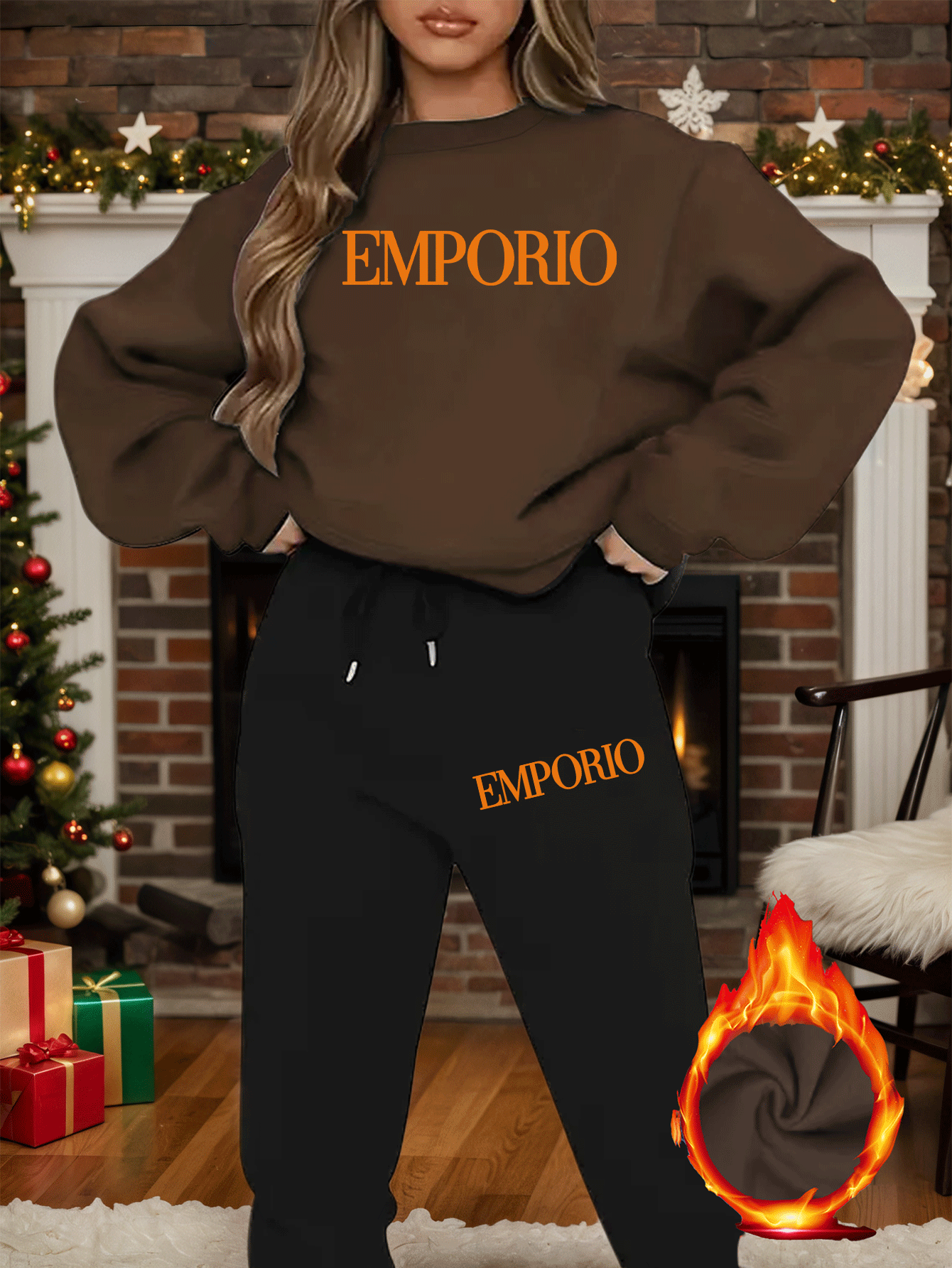 2pcs Women's Y2K Emporio-Inspired Matching Sweatsuit Set - Oversized Beige & Black Letter Print Tracksuit, Round Neck Long Sleeve Tracksuit (Jumpsuit) - Machine Washable Polyester/Elastane Blend for Casual & Formal Wear - IRON GODDESS