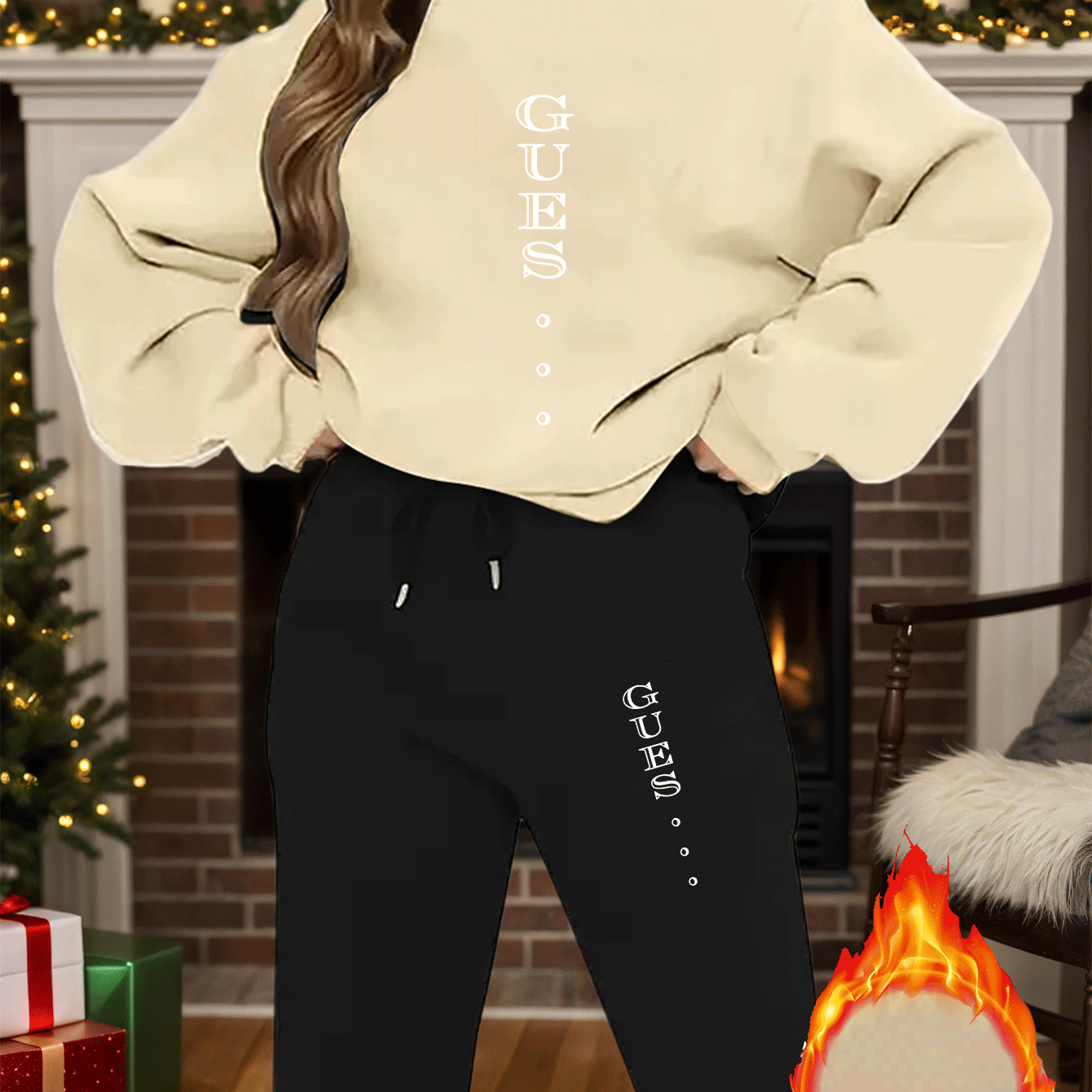 2pcs Women'S Y2K Style Oversized Sweatshirt & Pants Set - Light Blue "GUESS" Print, Long Sleeve Crew Neck, Fleece-Lined, Casual Winter Outfit, All-Season Comfort, Casual Winter Wear | Oversized Sweatshirt | Fleece Lined Pants - IRON GODDESS