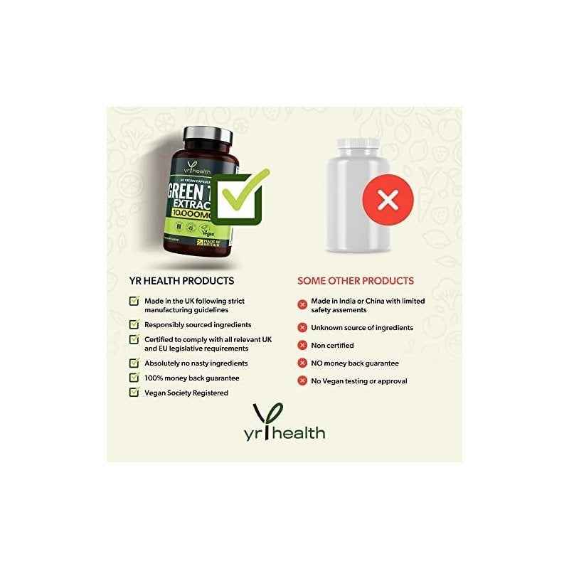 Green Tea Capsules from Vegan Green Tea Extract 10,000mg, Green Tea Tablets High Strength for Weight Loss, Metabolism Booster Keto Diet, 60 Vegan Society Registered Capsules, UK Made by YrHealth