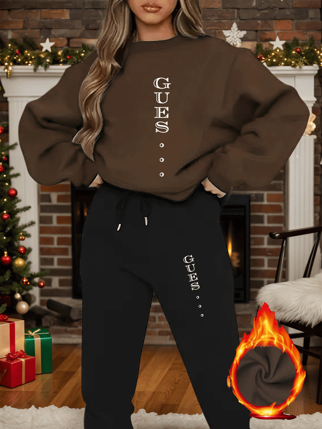 2pcs Women'S Y2K Style Oversized Sweatshirt & Pants Set - Light Blue "GUESS" Print, Long Sleeve Crew Neck, Fleece-Lined, Casual Winter Outfit, All-Season Comfort, Casual Winter Wear | Oversized Sweatshirt | Fleece Lined Pants - IRON GODDESS