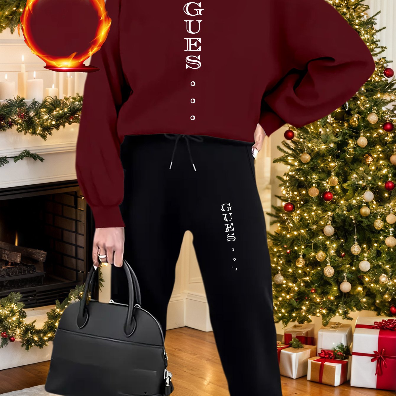 2pcs Women's GUESS Logo Oversized Pink Sweatsuit Set - Y2K White Lettering Matching Joggers & Sweater, All-Season Casual Outfit, Machine Washable Round Neck Tracksuit (Pink/Black) - Iconic Brand Collaboration - IRON GODDESS