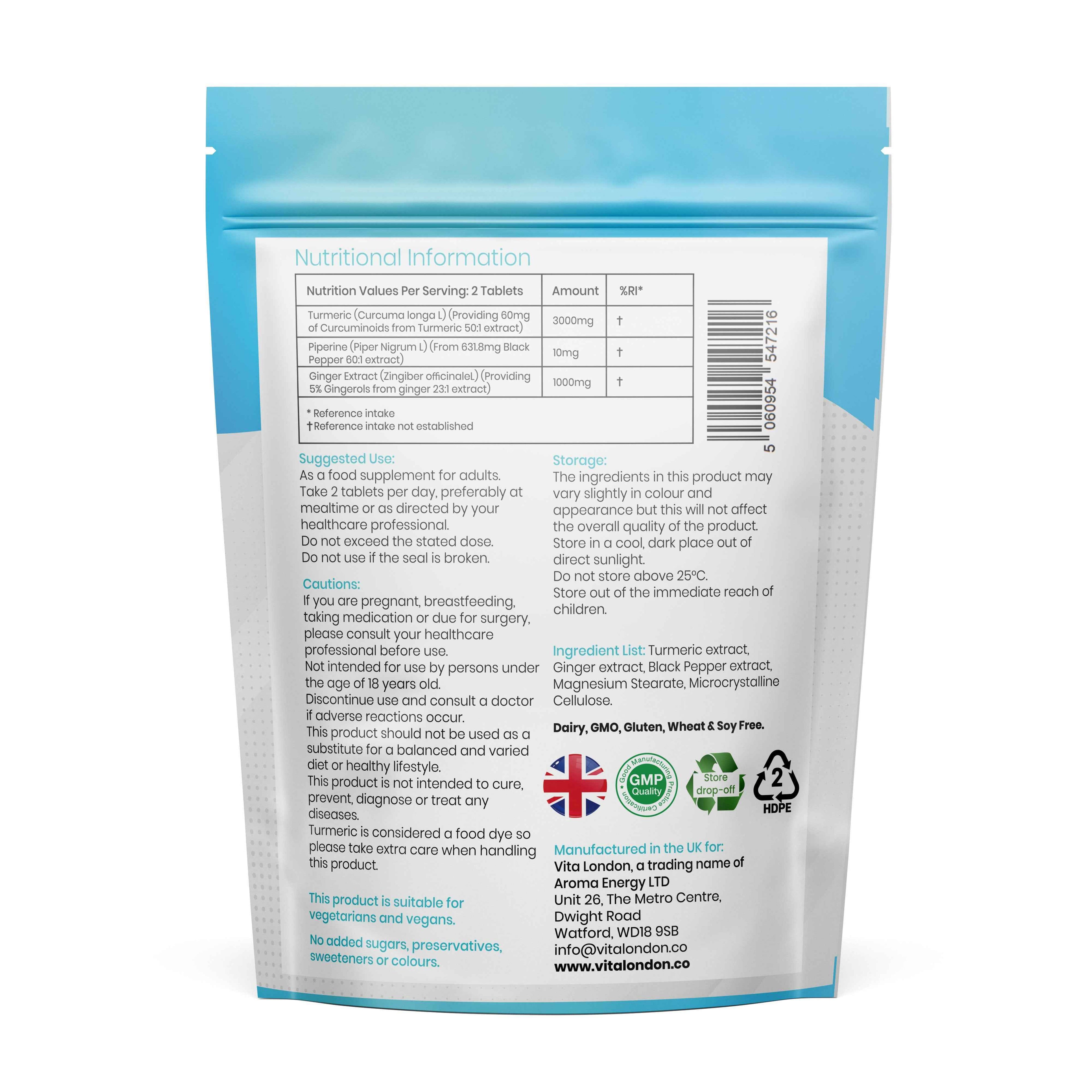 5pk Supplement Bundle - Turmeric, Ginger, Black Pepper - Magnesium Glycinate - Ashwagandha KSM-66 - Lions Mane Mushroom - Vitamin C & Zinc Tablets / Capsules (Not Gummies Or Powder) - Vegan - Gluten Free - Adult - UK - Vita London - Supplements - Vitamins