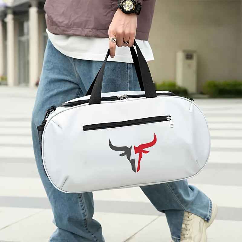 White Bull Head Logo Oxford Duffel Bag - Lightweight, Large Capacity, Zipper Closure, Foldable, Suitable for Travel, Yoga and Training Gear | Casual Style Bag | Durable Zippered Travel Luggage for Teens, for Teenager