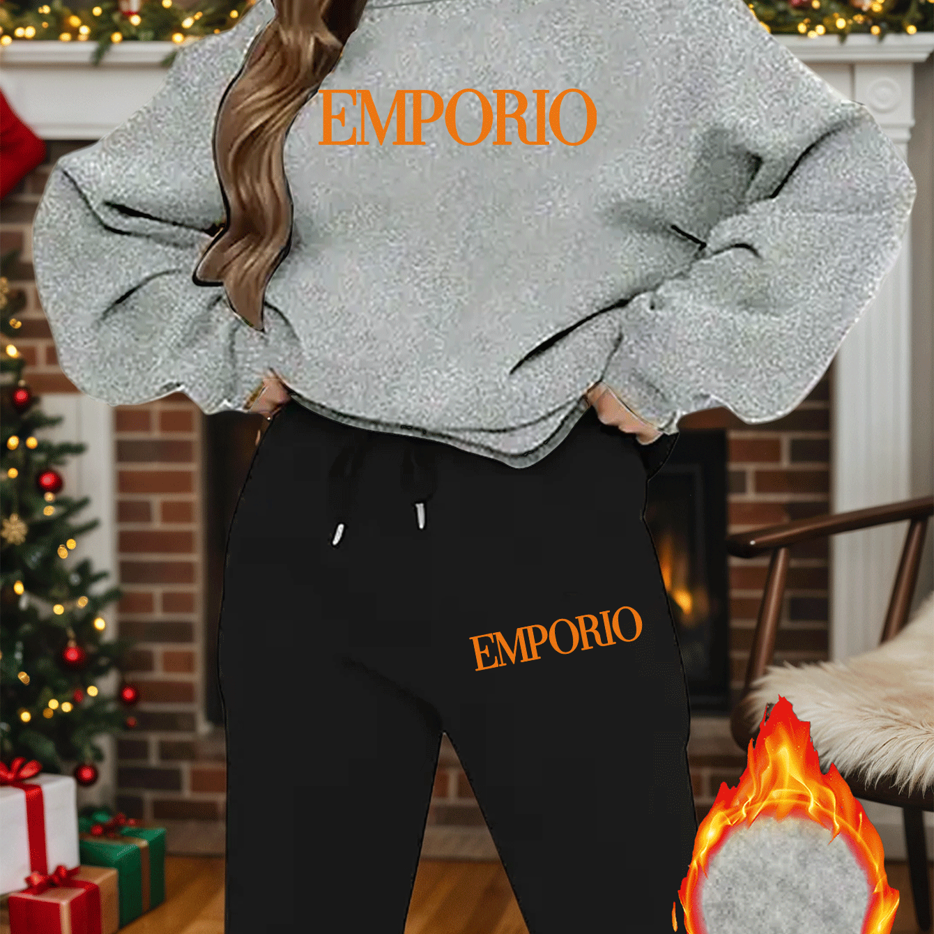 2pcs Women's Y2K Emporio-Inspired Matching Sweatsuit Set - Oversized Beige & Black Letter Print Tracksuit, Round Neck Long Sleeve Tracksuit (Jumpsuit) - Machine Washable Polyester/Elastane Blend for Casual & Formal Wear - IRON GODDESS