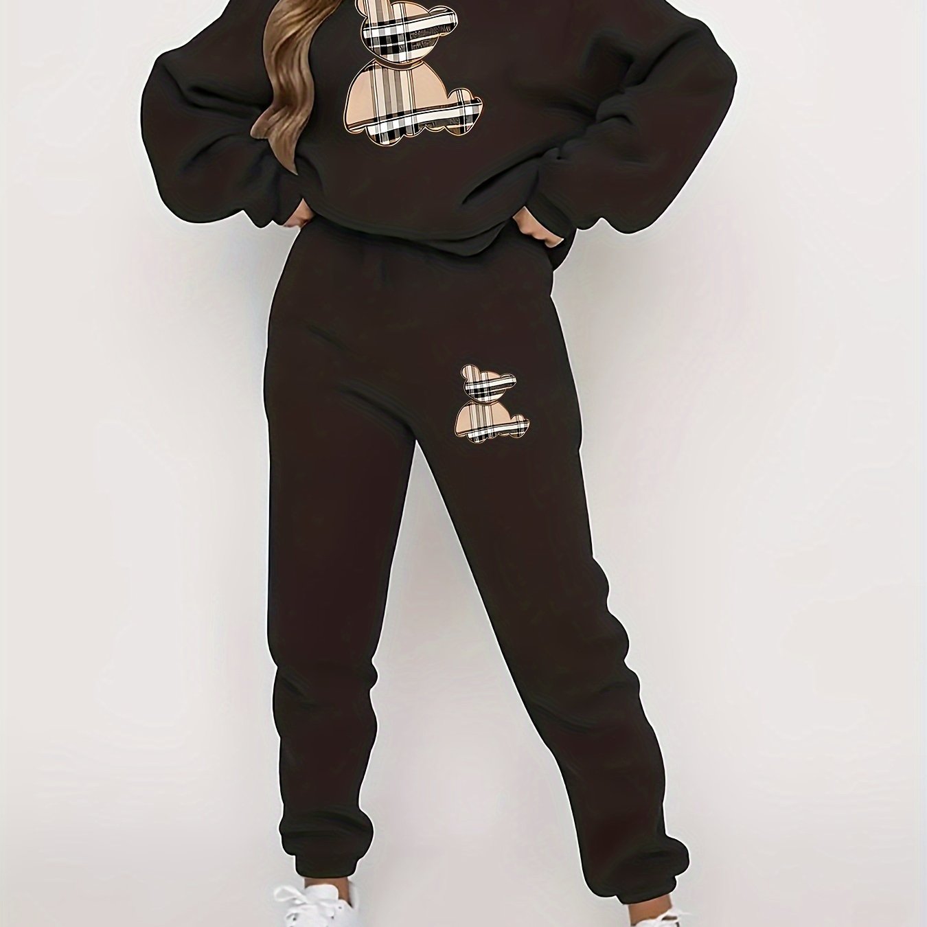 Cozy Fleece-Lined Women's Sweatshirt & Joggers Set - Geometric Print, Casual Fall/Winter Outfit, Machine Washable - IRON GODDESS