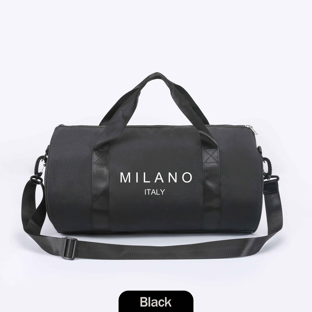 1pc MILANO Print Shoulder Crossbody Duffel Bag - High-Capacity Lightweight Foldable Nylon Gym Bag with Adjustable Strap, 4 Colors (Black/White/Blue/Gray) for Ballet Dancers, Travel, Daily Commute & Athleisure, Dance Accessory Carrier, Durable Zipper Closu