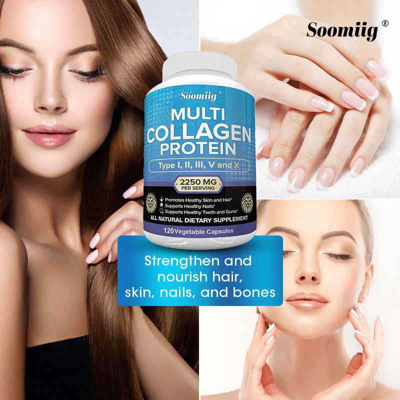 Multi Collagen Protein Capsules, 2250 for MG Per Serving, with Type I, Type II, Type III, Type V And Type X, Support Nails, Teeth And Gums Health, 120 Capsules