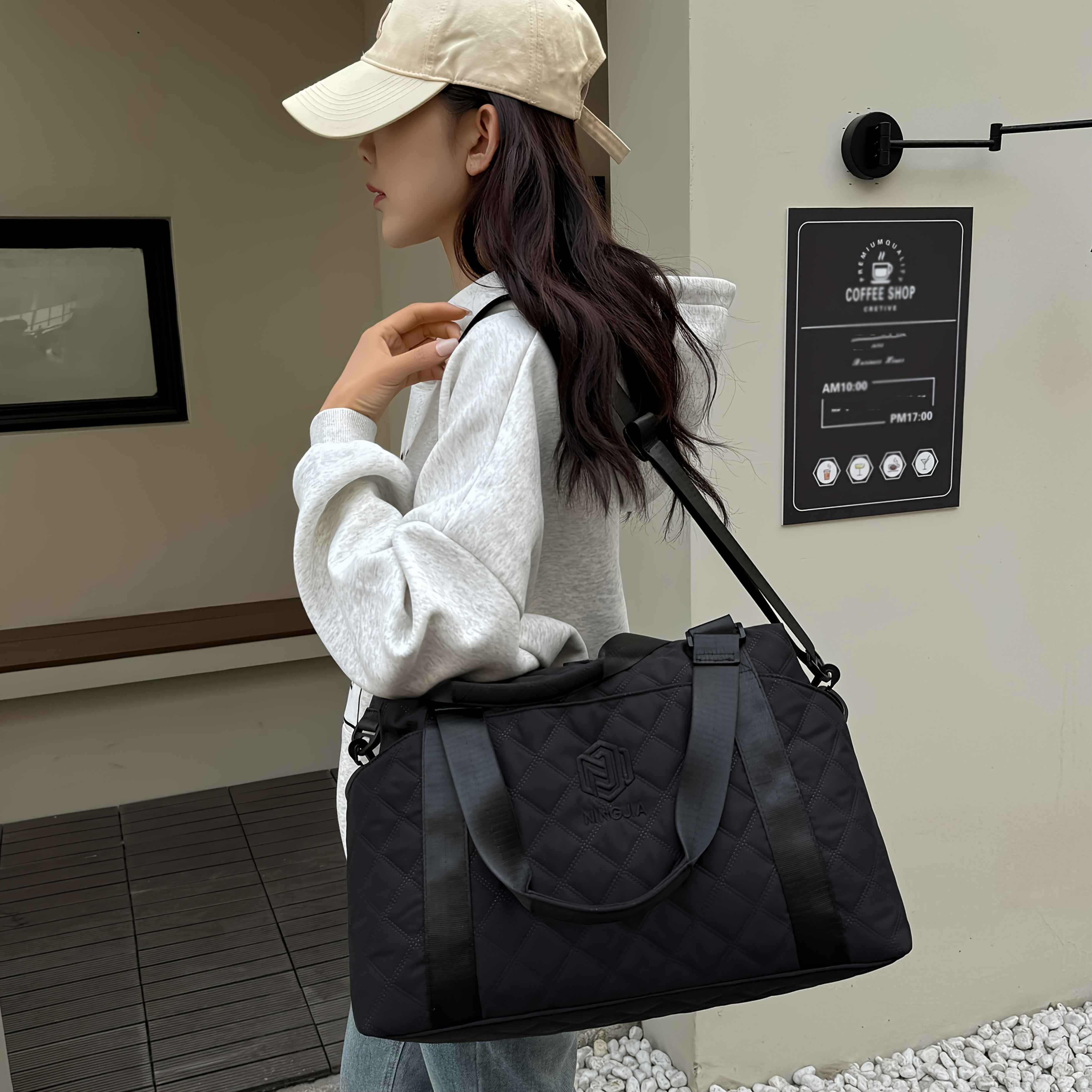[Large Capacity Travel Duffle] Durable Polyester Unisex Large Capacity Travel Duffle Bag | Lightweight Sporty Gym & Business Duffle with Dry/Wet Compartments, Convertible Handheld/Crossbody Design, White/Black