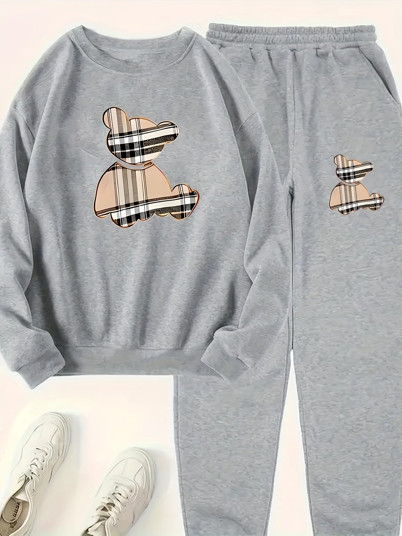 Cozy Fleece-Lined Women's Sweatshirt & Joggers Set - Geometric Print, Casual Fall/Winter Outfit, Machine Washable - IRON GODDESS