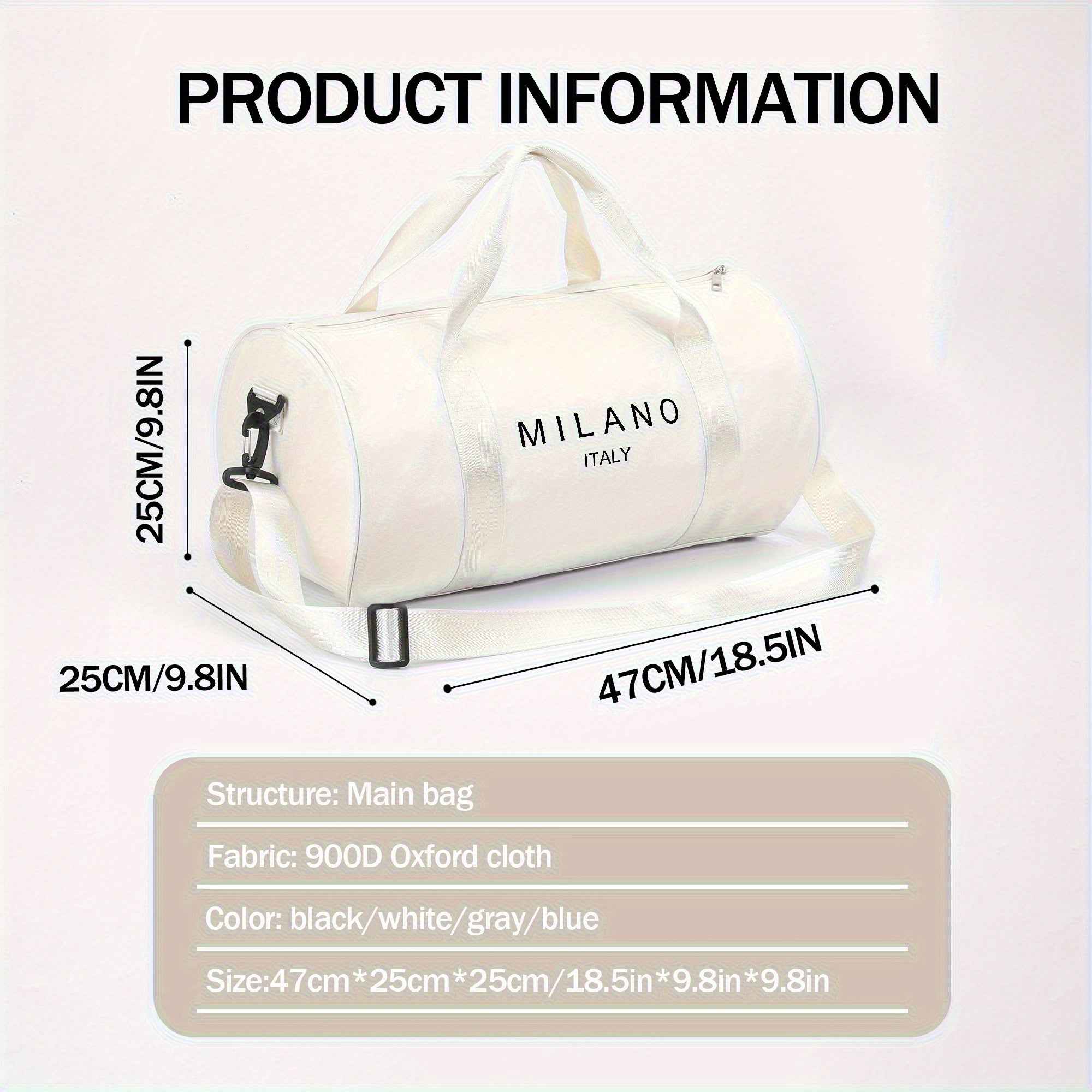 1pc MILANO Print Shoulder Crossbody Duffel Bag - High-Capacity Lightweight Foldable Nylon Gym Bag with Adjustable Strap, 4 Colors (Black/White/Blue/Gray) for Ballet Dancers, Travel, Daily Commute & Athleisure, Dance Accessory Carrier, Durable Zipper Closu