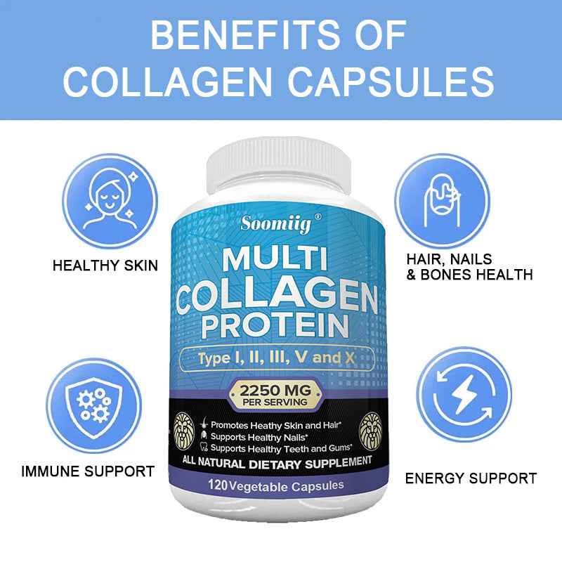 Multi Collagen Protein Capsules, 2250 for MG Per Serving, with Type I, Type II, Type III, Type V And Type X, Support Nails, Teeth And Gums Health, 120 Capsules