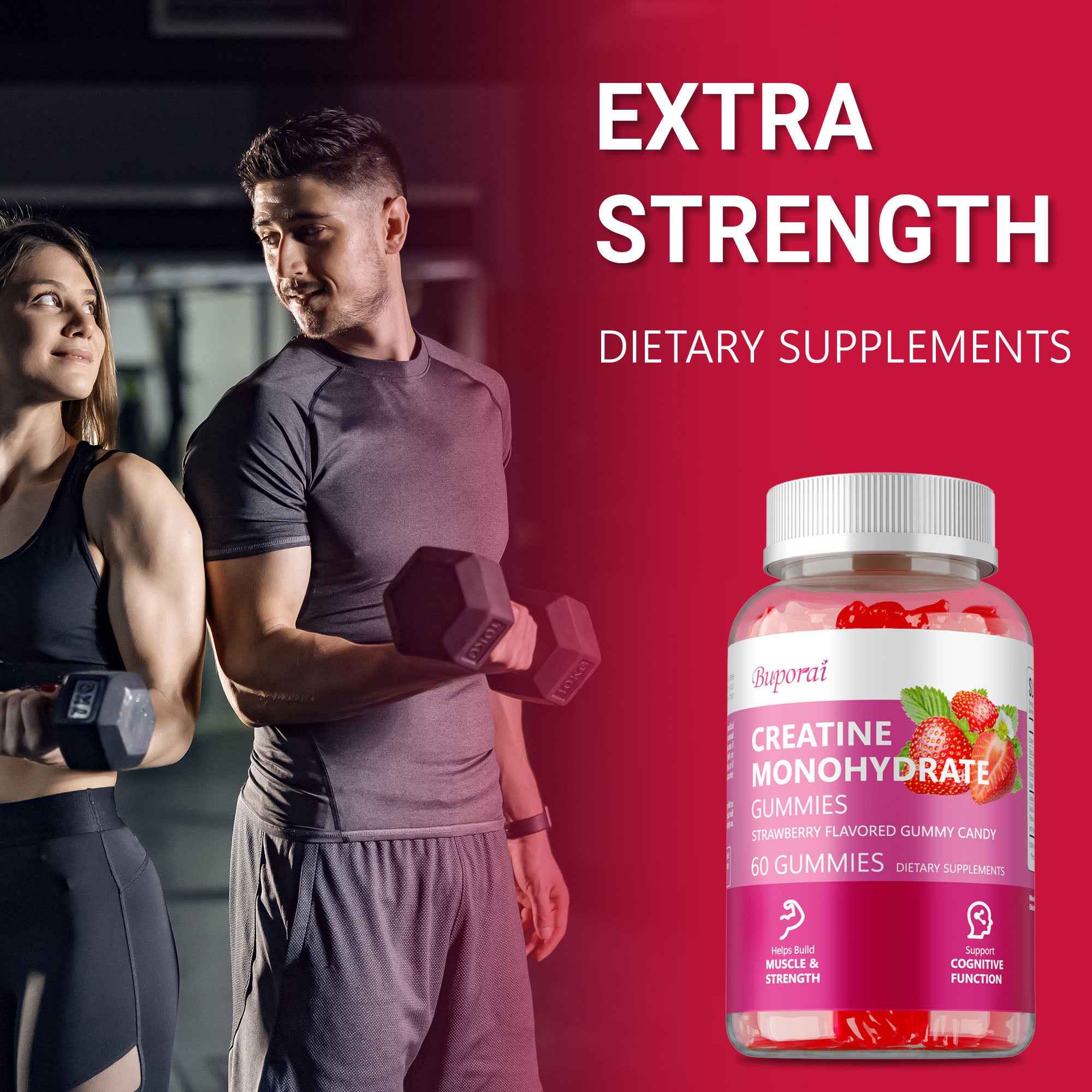 Creatine Monohydrate Gummies - Muscle Support, Strength, Recovery, Cognitive Health, Memory, Pre-Workout Supplement - 60pcs