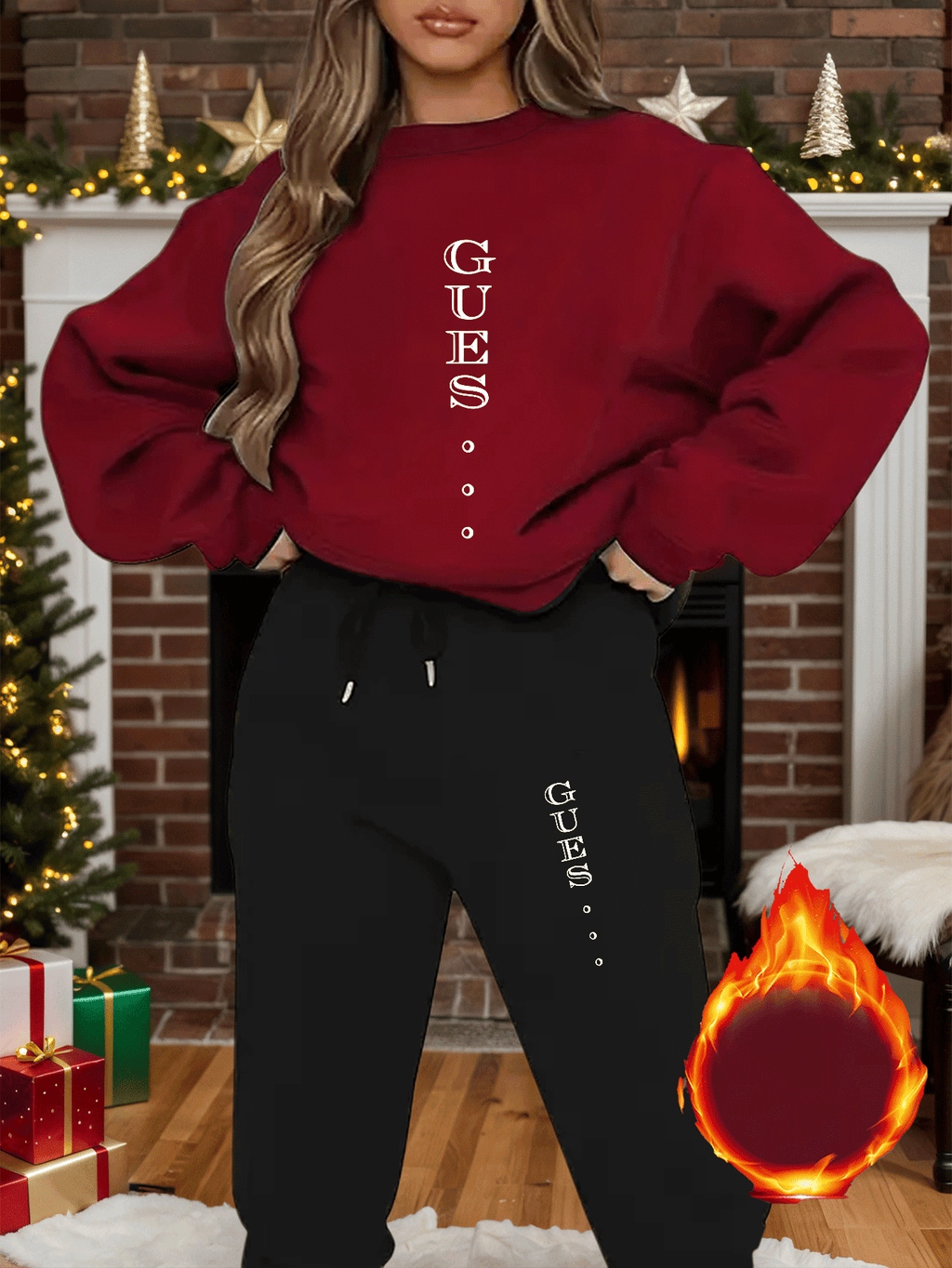 2pcs Women'S Y2K Style Oversized Sweatshirt & Pants Set - Light Blue "GUESS" Print, Long Sleeve Crew Neck, Fleece-Lined, Casual Winter Outfit, All-Season Comfort, Casual Winter Wear | Oversized Sweatshirt | Fleece Lined Pants - IRON GODDESS