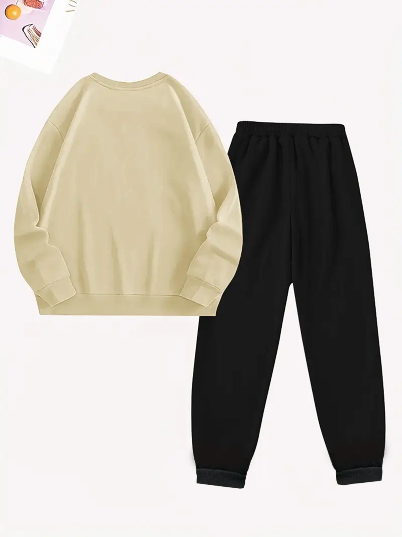 2pcs Women's Y2K Emporio-Inspired Matching Sweatsuit Set - Oversized Beige & Black Letter Print Tracksuit, Round Neck Long Sleeve Tracksuit (Jumpsuit) - Machine Washable Polyester/Elastane Blend for Casual & Formal Wear - IRON GODDESS