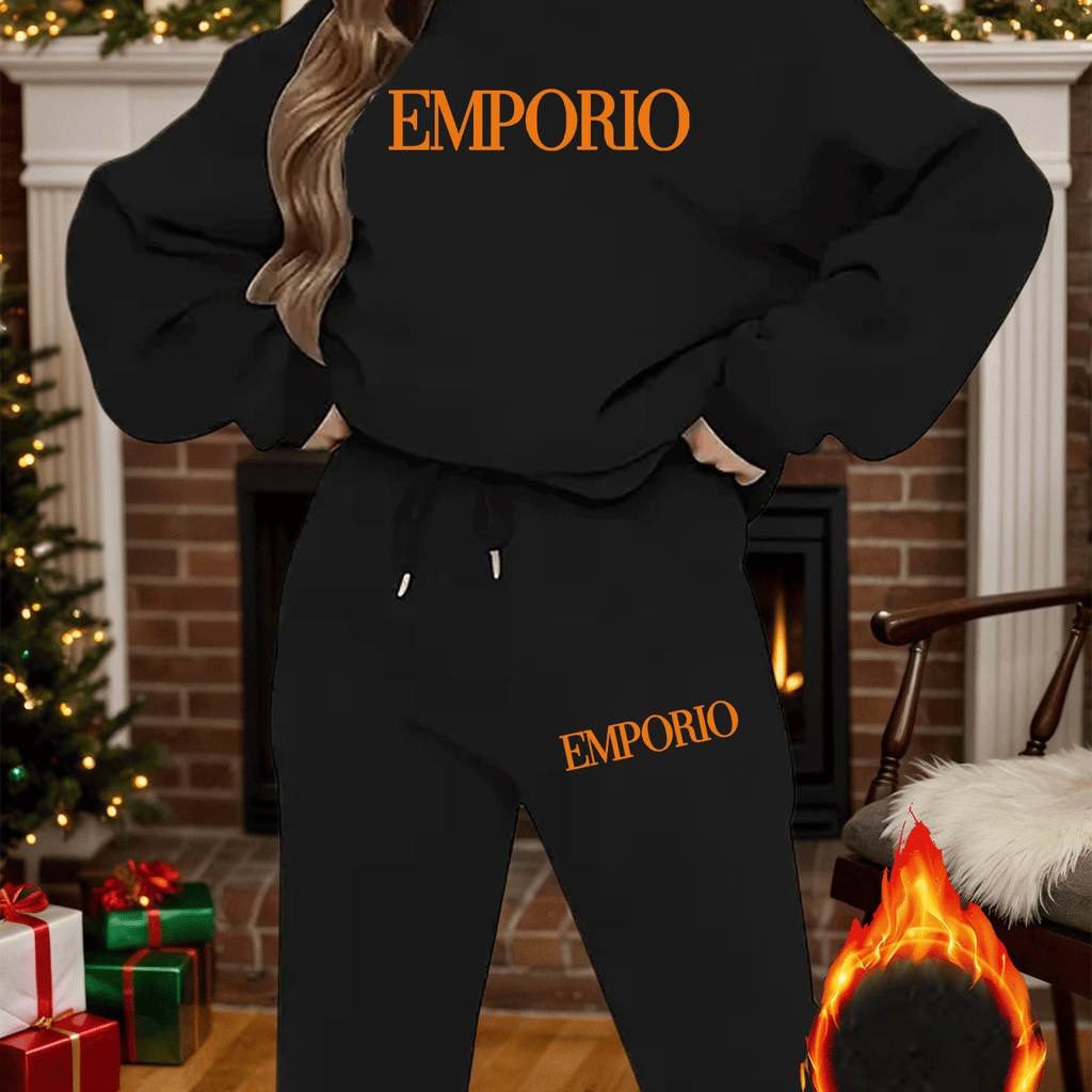 2pcs Women's Y2K Emporio-Inspired Matching Sweatsuit Set - Oversized Beige & Black Letter Print Tracksuit, Round Neck Long Sleeve Tracksuit (Jumpsuit) - Machine Washable Polyester/Elastane Blend for Casual & Formal Wear - IRON GODDESS