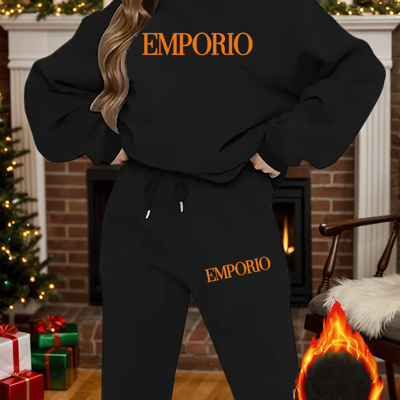 2pcs Women's Y2K Emporio-Inspired Matching Sweatsuit Set - Oversized Beige & Black Letter Print Tracksuit, Round Neck Long Sleeve Tracksuit (Jumpsuit) - Machine Washable Polyester/Elastane Blend for Casual & Formal Wear - IRON GODDESS