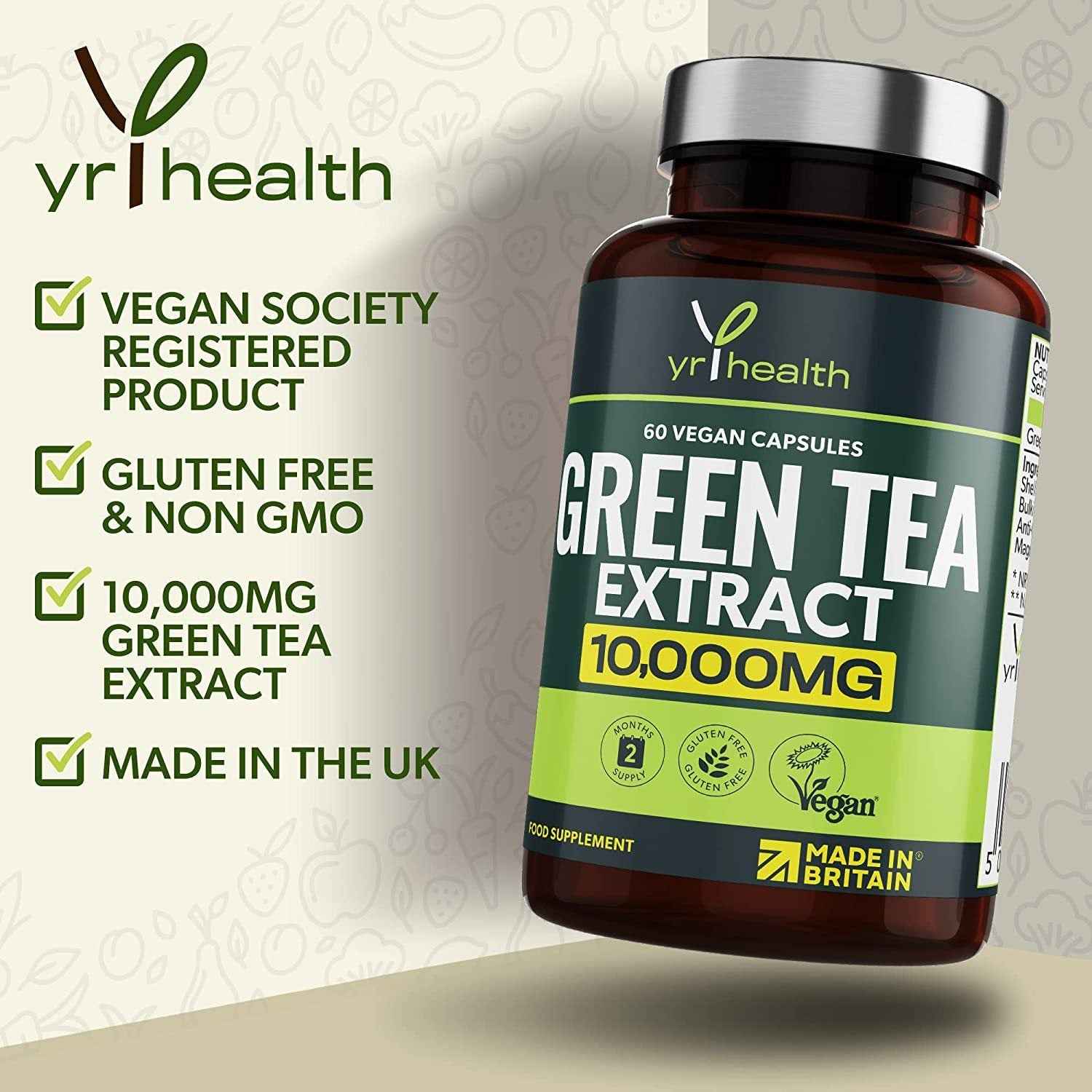 Green Tea Capsules from Vegan Green Tea Extract 10,000mg, Green Tea Tablets High Strength for Weight Loss, Metabolism Booster Keto Diet, 60 Vegan Society Registered Capsules, UK Made by YrHealth