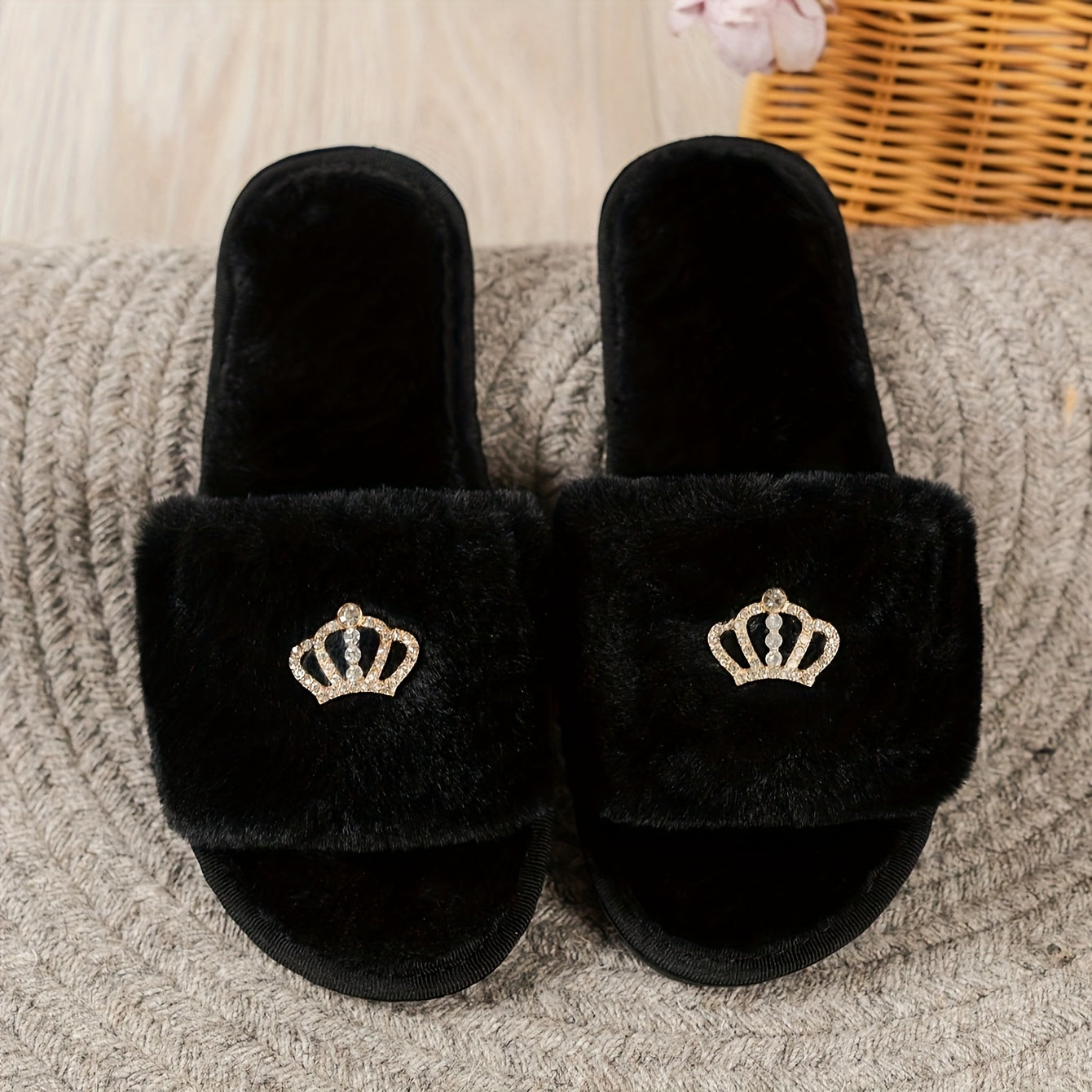 Cozy Plush SlipOn Slippers Black  Gold Back Strap Comfort - IRON GODDESS