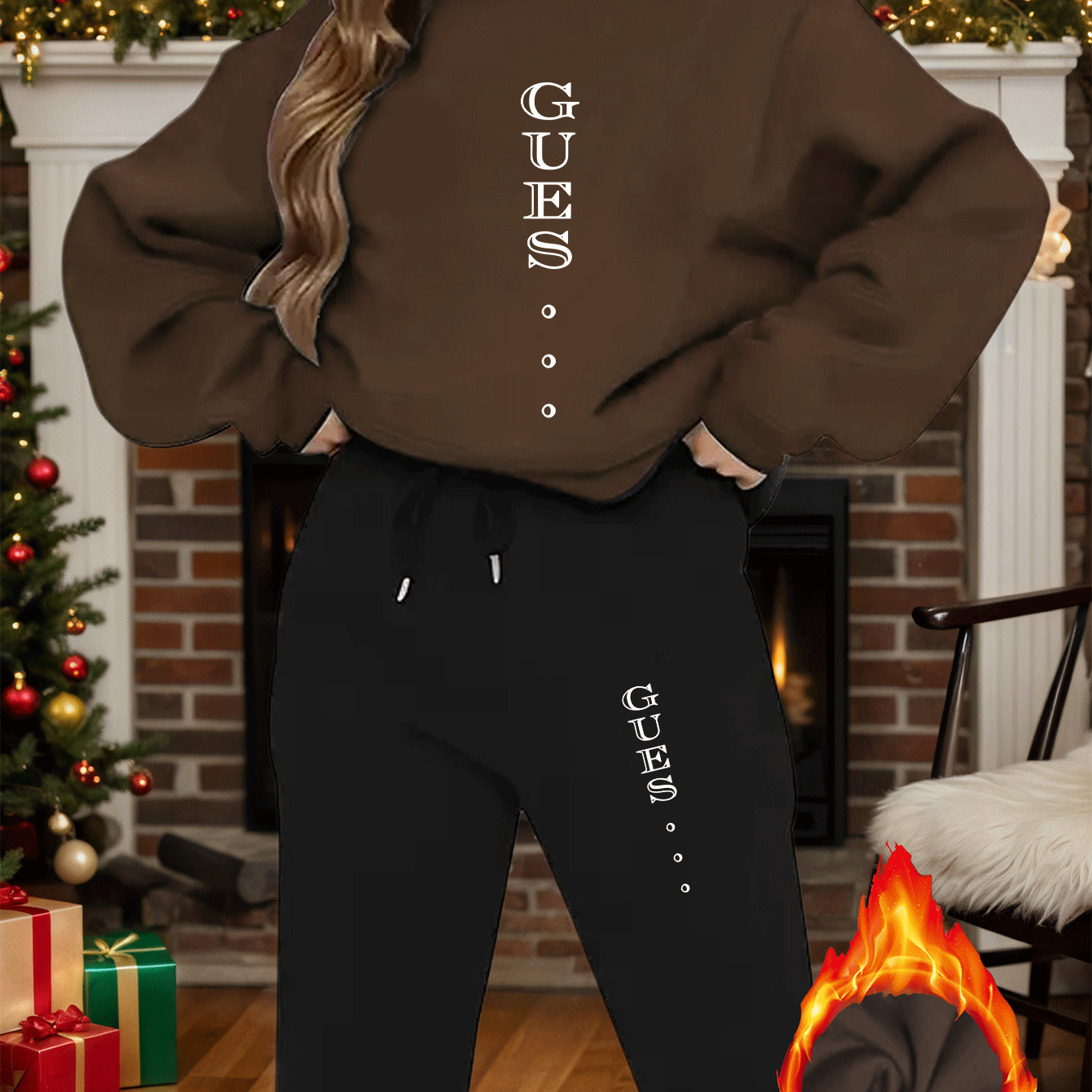 2pcs Women'S Y2K Style Oversized Sweatshirt & Pants Set - Light Blue "GUESS" Print, Long Sleeve Crew Neck, Fleece-Lined, Casual Winter Outfit, All-Season Comfort, Casual Winter Wear | Oversized Sweatshirt | Fleece Lined Pants - IRON GODDESS