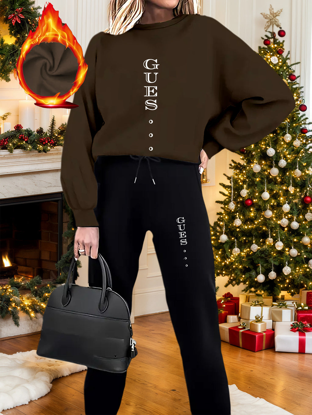 2pcs Women's GUESS Logo Oversized Pink Sweatsuit Set - Y2K White Lettering Matching Joggers & Sweater, All-Season Casual Outfit, Machine Washable Round Neck Tracksuit (Pink/Black) - Iconic Brand Collaboration - IRON GODDESS