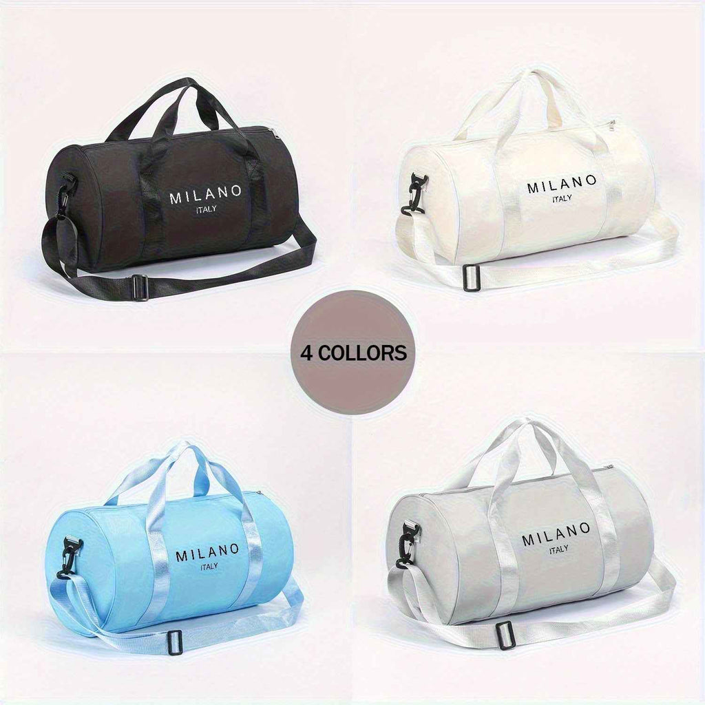 1pc MILANO Print Shoulder Crossbody Duffel Bag - High-Capacity Lightweight Foldable Nylon Gym Bag with Adjustable Strap, 4 Colors (Black/White/Blue/Gray) for Ballet Dancers, Travel, Daily Commute & Athleisure, Dance Accessory Carrier, Durable Zipper Closu