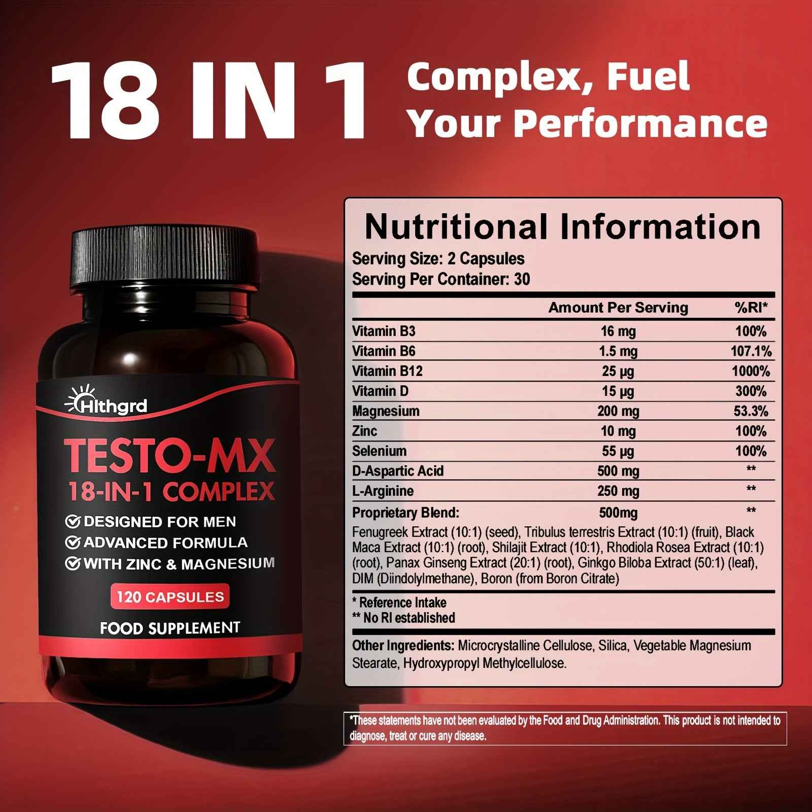 18in 1 Testosterone Supplements for Men Women Booster, with Magnesium Vitamin D B12 B6, Shilajit Zinc Fenugreek Rhodiola Rosea Boron Selenium Black Maca Support Energy, Muscle Function, Immune System, Strength Hlthgrd 120 Capsules