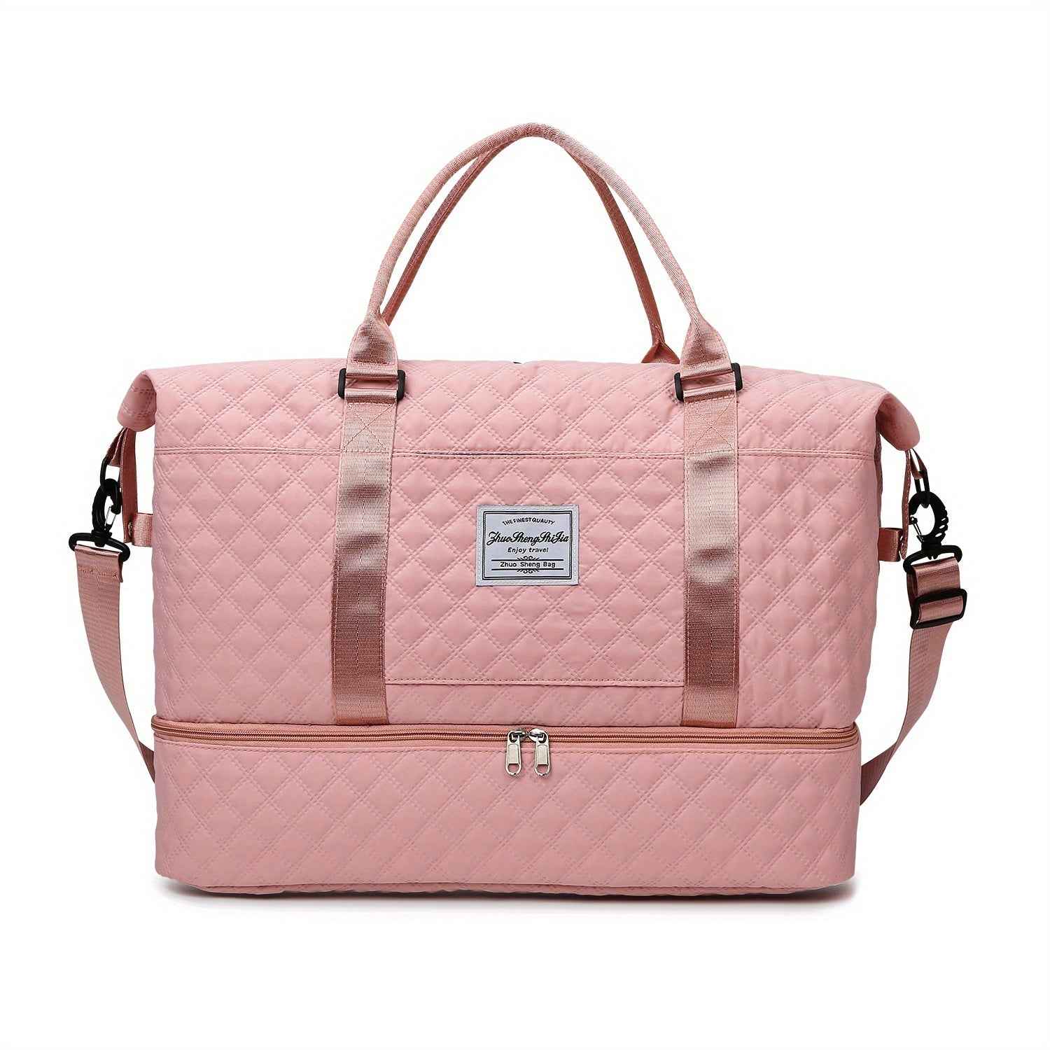 Women's Large Oxford Fabric Duffle Bag with Multiple Compartments & Headphone Storage - Pink & Black Gym Travel Holdall, Hand Washable Weekend Luggage Organizer