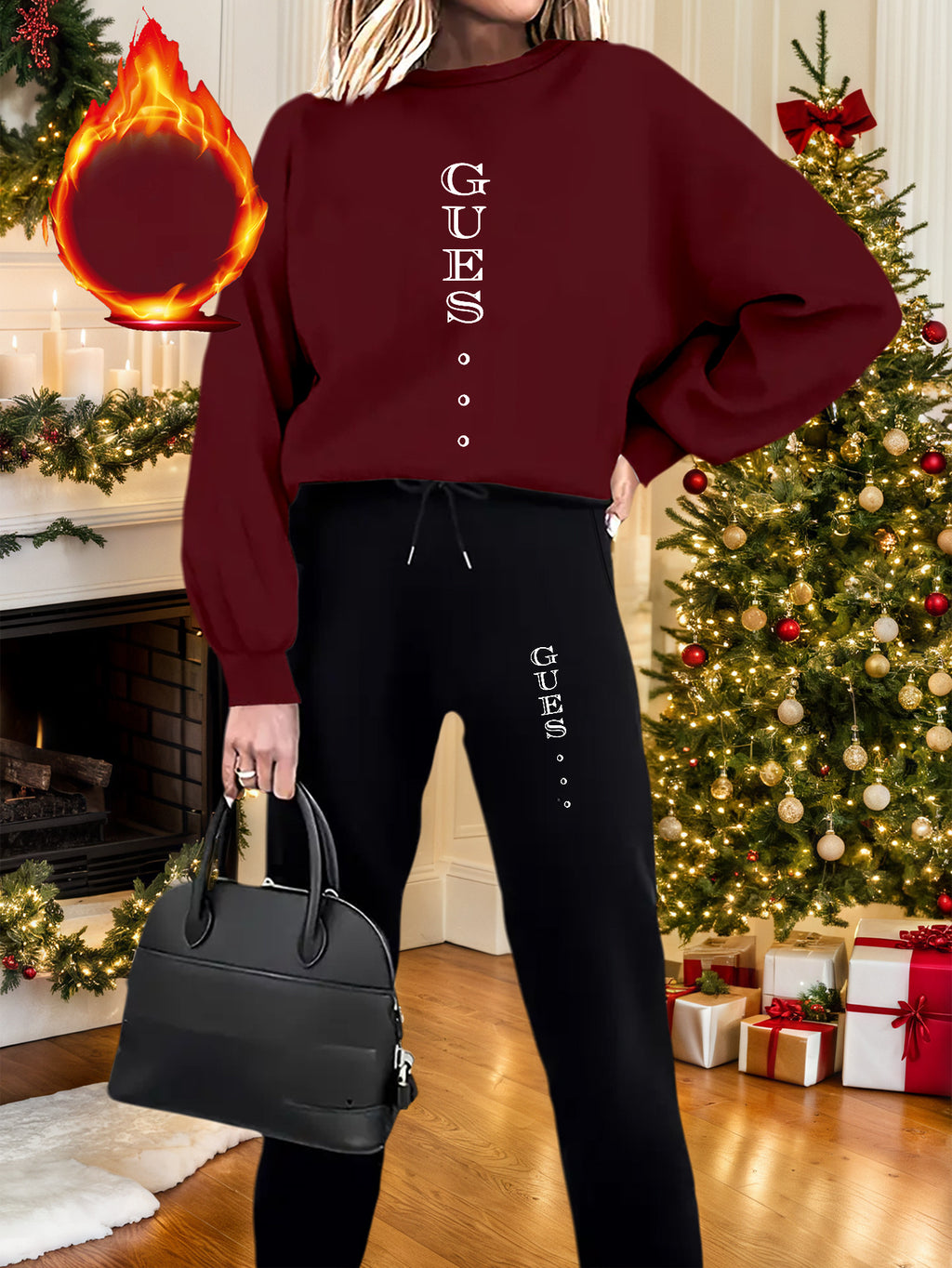 2pcs Women's GUESS Logo Oversized Pink Sweatsuit Set - Y2K White Lettering Matching Joggers & Sweater, All-Season Casual Outfit, Machine Washable Round Neck Tracksuit (Pink/Black) - Iconic Brand Collaboration - IRON GODDESS