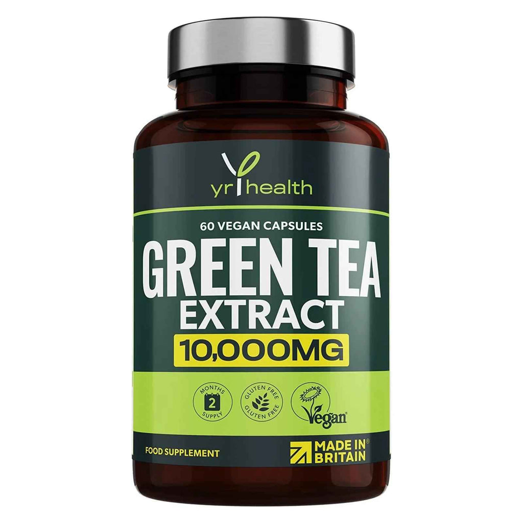 Green Tea Capsules from Vegan Green Tea Extract 10,000mg, Green Tea Tablets High Strength for Weight Loss, Metabolism Booster Keto Diet, 60 Vegan Society Registered Capsules, UK Made by YrHealth