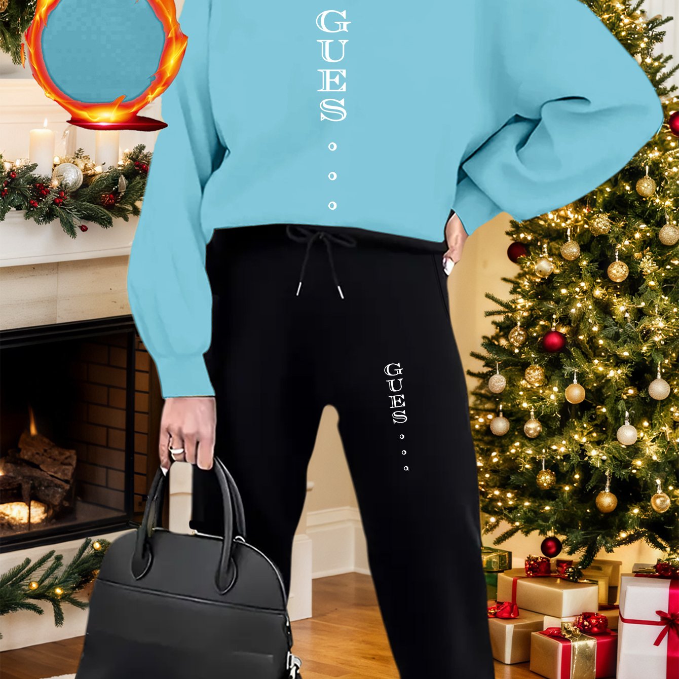 2pcs Women's GUESS Logo Oversized Pink Sweatsuit Set - Y2K White Lettering Matching Joggers & Sweater, All-Season Casual Outfit, Machine Washable Round Neck Tracksuit (Pink/Black) - Iconic Brand Collaboration - IRON GODDESS