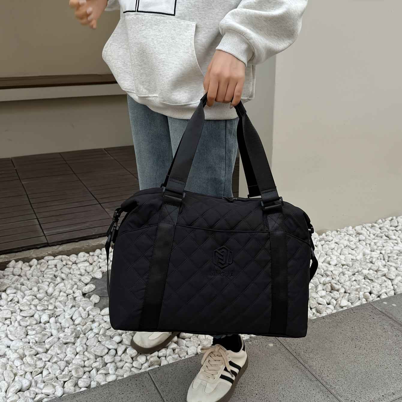 [Large Capacity Travel Duffle] Durable Polyester Unisex Large Capacity Travel Duffle Bag | Lightweight Sporty Gym & Business Duffle with Dry/Wet Compartments, Convertible Handheld/Crossbody Design, White/Black