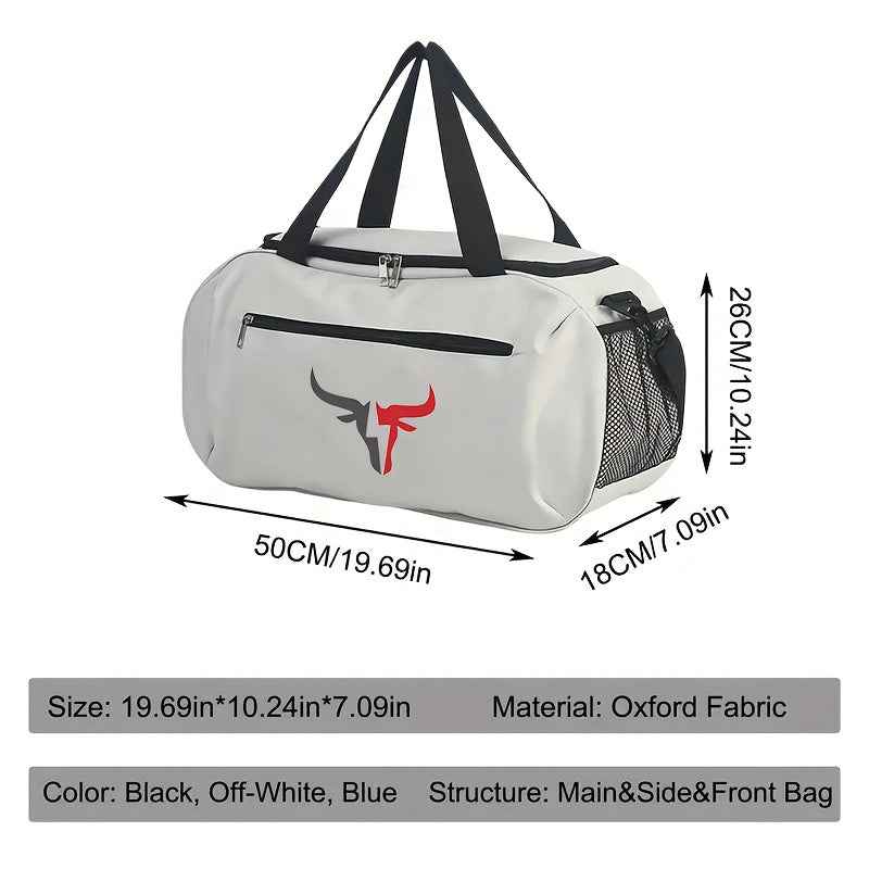White Bull Head Logo Oxford Duffel Bag - Lightweight, Large Capacity, Zipper Closure, Foldable, Suitable for Travel, Yoga and Training Gear | Casual Style Bag | Durable Zippered Travel Luggage for Teens, for Teenager