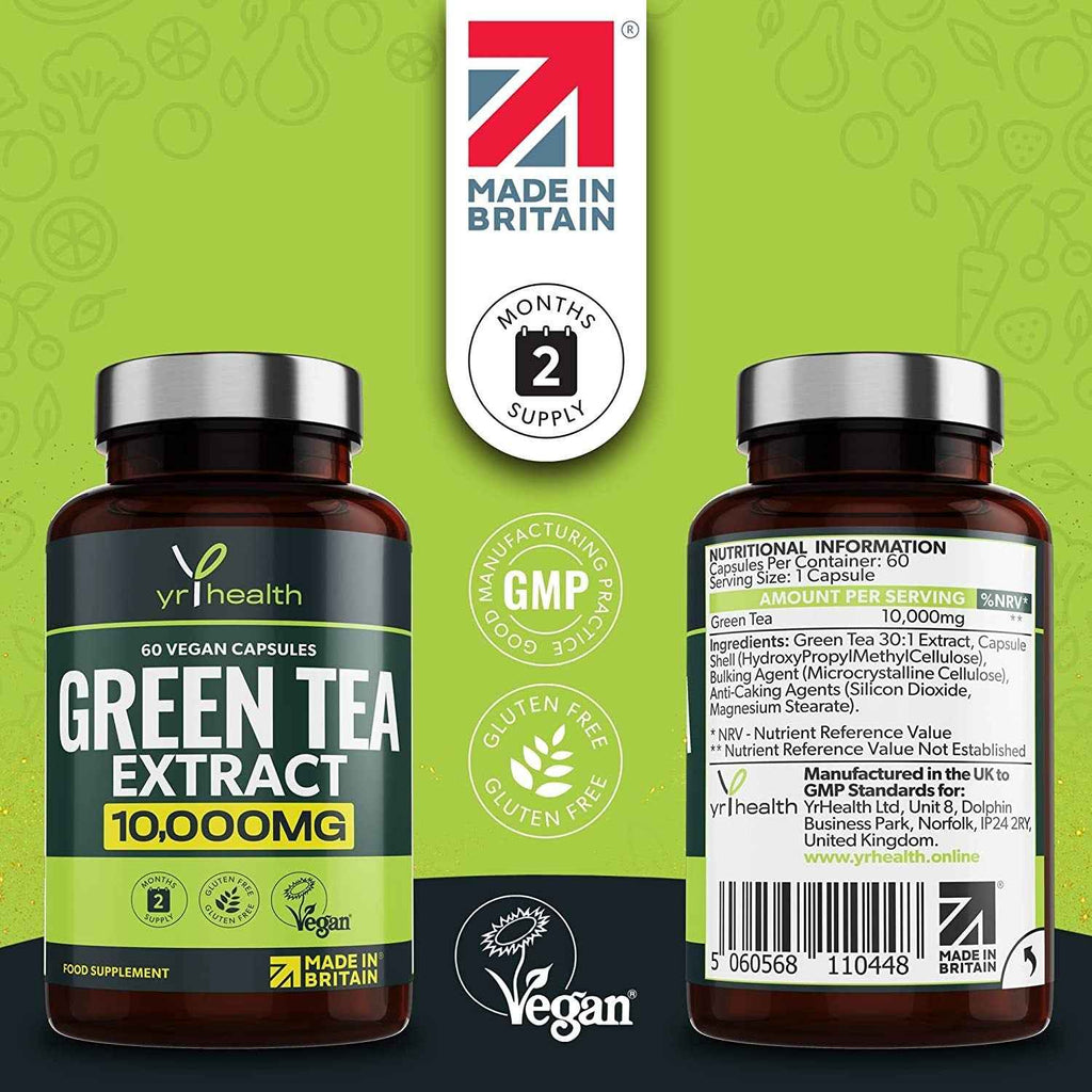 Green Tea Capsules from Vegan Green Tea Extract 10,000mg, Green Tea Tablets High Strength for Weight Loss, Metabolism Booster Keto Diet, 60 Vegan Society Registered Capsules, UK Made by YrHealth