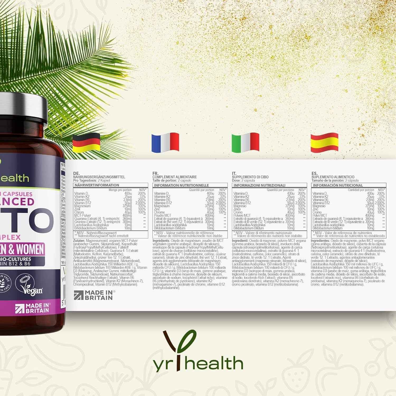 Keto Diet Pills - Max Strength Weight Loss Complex for Men & Women - MCT Oil, Green Tea, Bio-Cultures, Vitamins & Minerals, Carbohydrates & Fatty Acids Metabolism – 60 Vegan - Made in The UK