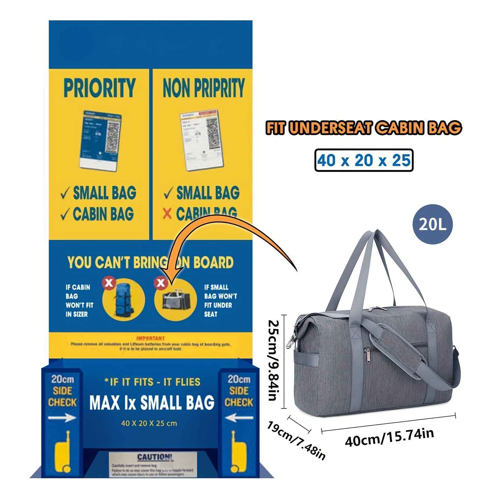 Lightweight 20L Cabin Bag 40x20x25 Underseat Foldable Travel Duffel, 6+1 Organized Pockets, Expandable Snap & Detachable Strap. Multi - Use Holdall for Gym, Overnight, Hospital, Trips Available In Multiple Colors Christmas Gifts