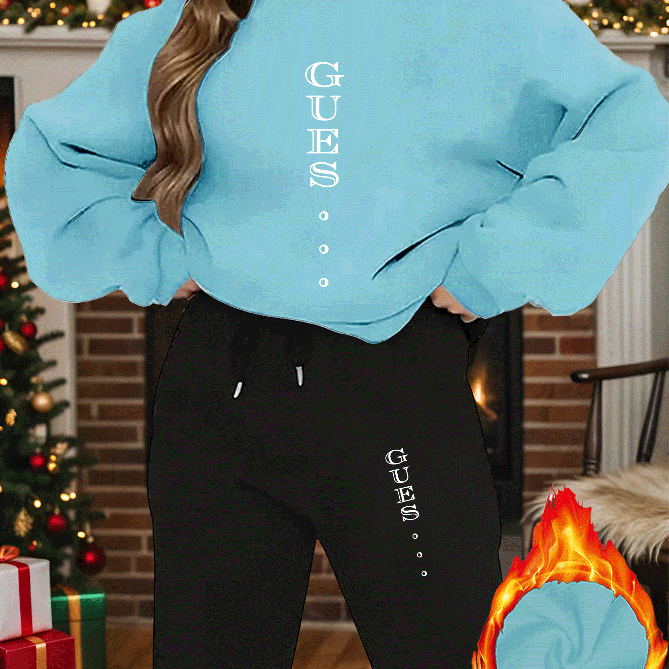 2pcs Women'S Y2K Style Oversized Sweatshirt & Pants Set - Light Blue "GUESS" Print, Long Sleeve Crew Neck, Fleece-Lined, Casual Winter Outfit, All-Season Comfort, Casual Winter Wear | Oversized Sweatshirt | Fleece Lined Pants - IRON GODDESS