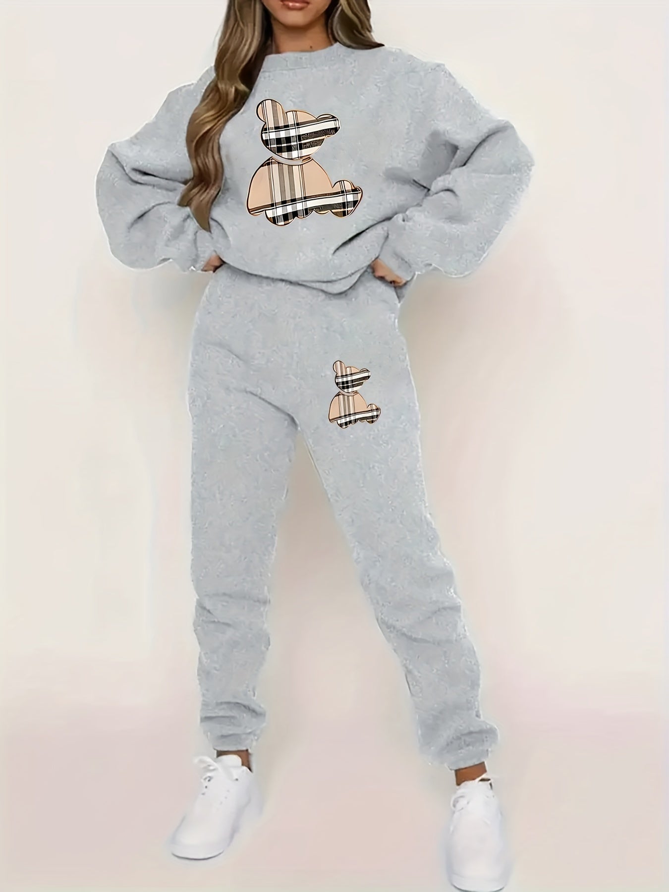 Cozy Fleece-Lined Women's Sweatshirt & Joggers Set - Geometric Print, Casual Fall/Winter Outfit, Machine Washable - IRON GODDESS