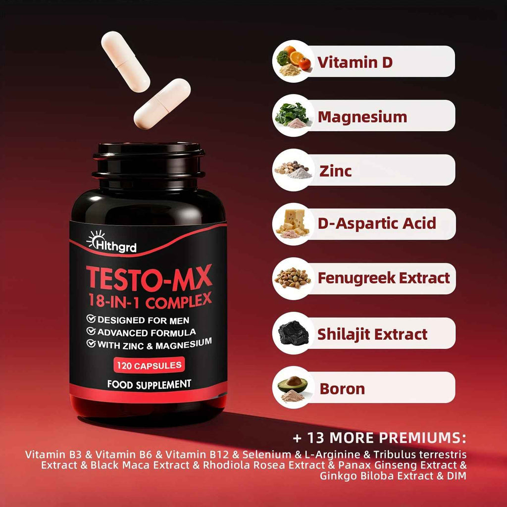 18in 1 Testosterone Supplements for Men Women Booster, with Magnesium Vitamin D B12 B6, Shilajit Zinc Fenugreek Rhodiola Rosea Boron Selenium Black Maca Support Energy, Muscle Function, Immune System, Strength Hlthgrd 120 Capsules