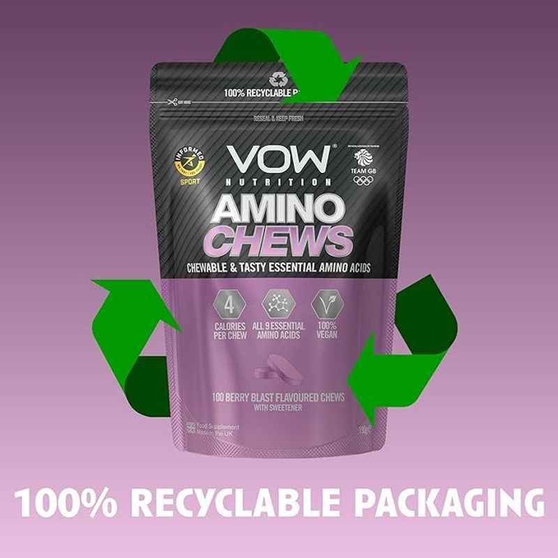 VOW Amino Acid Chews – All 9 Essential Amino Acids for Muscle Growth & Recovery – Berry Blast Flavor – Halal Certified – Fast Absorbing Post-Workout Supplement