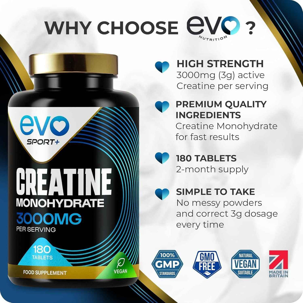 Creatine Monohydrate Tablets 3000mg - 180 Creatine Tablets | Unflavoured Gym Supplement & Powder Alternative for Men & Women | Muscle Mass & Exercise Recovery | Vegan, Keto & Made in UK