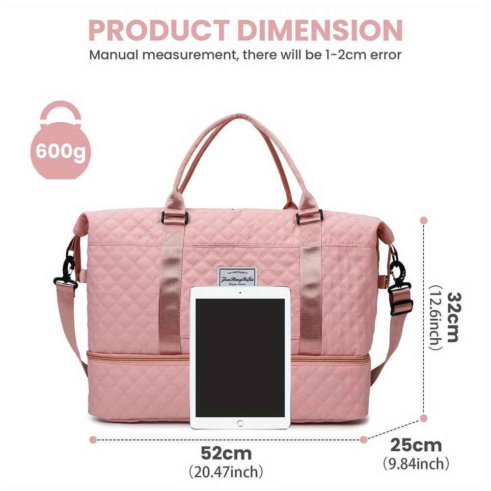 Women's Large Oxford Fabric Duffle Bag with Multiple Compartments & Headphone Storage - Pink & Black Gym Travel Holdall, Hand Washable Weekend Luggage Organizer