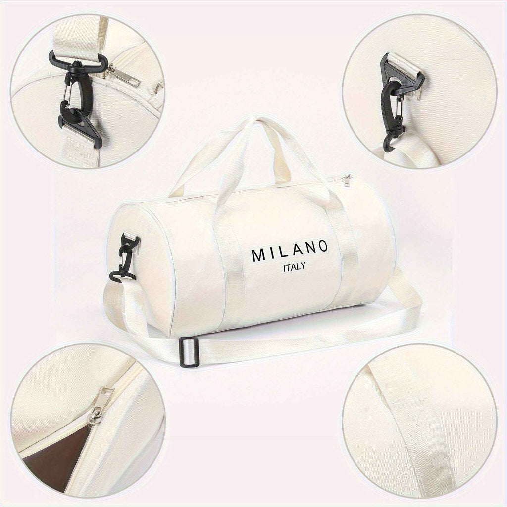 1pc MILANO Print Shoulder Crossbody Duffel Bag - High-Capacity Lightweight Foldable Nylon Gym Bag with Adjustable Strap, 4 Colors (Black/White/Blue/Gray) for Ballet Dancers, Travel, Daily Commute & Athleisure, Dance Accessory Carrier, Durable Zipper Closu